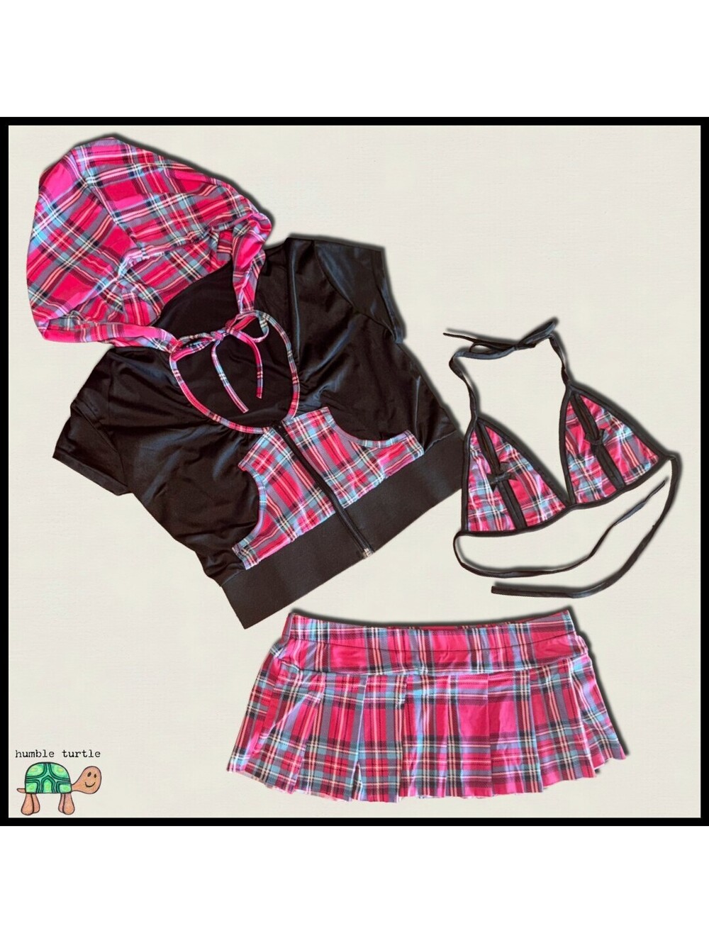 Coquette Women's 3-Piece Plaid Lingerie Set, Hoodie, Ultra Mini Skirt, Size M/L